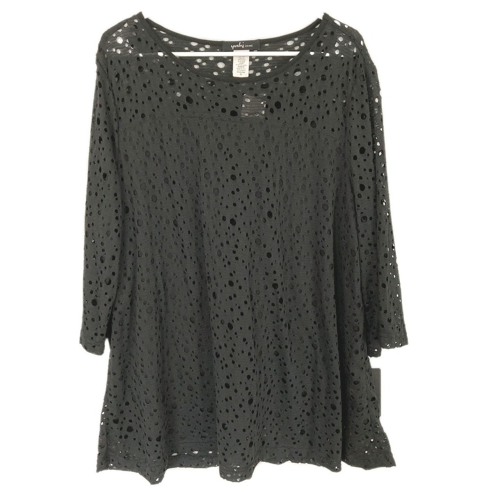 Yushi Tunic Top Women XL Black Round Neck 3/4 Sleeve Holey Knit Sheer USA NWT